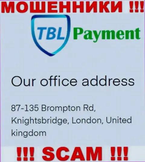 Информация о официальном адресе регистрации TBL Payment, которая предложена а их сайте - фиктивная