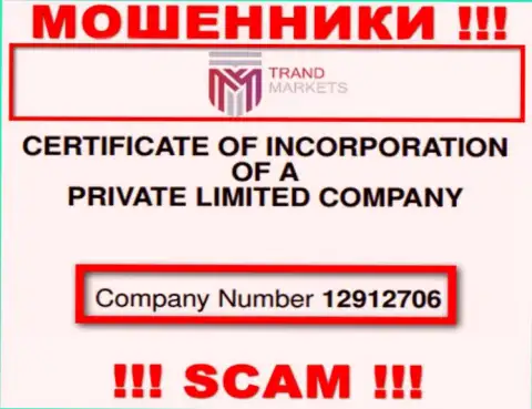 Регистрационный номер организации TrandMarkets Com, возможно, что и липовый - 12912706