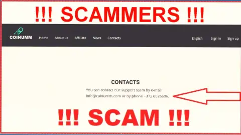 Coinumm Com phone number listed on the thieves website