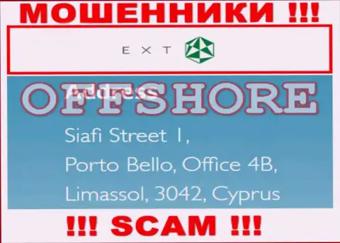 Siafi Street 1, Porto Bello, Office 4B, Limassol, 3042, Cyprus - это адрес регистрации компании EXT, расположенный в оффшорной зоне