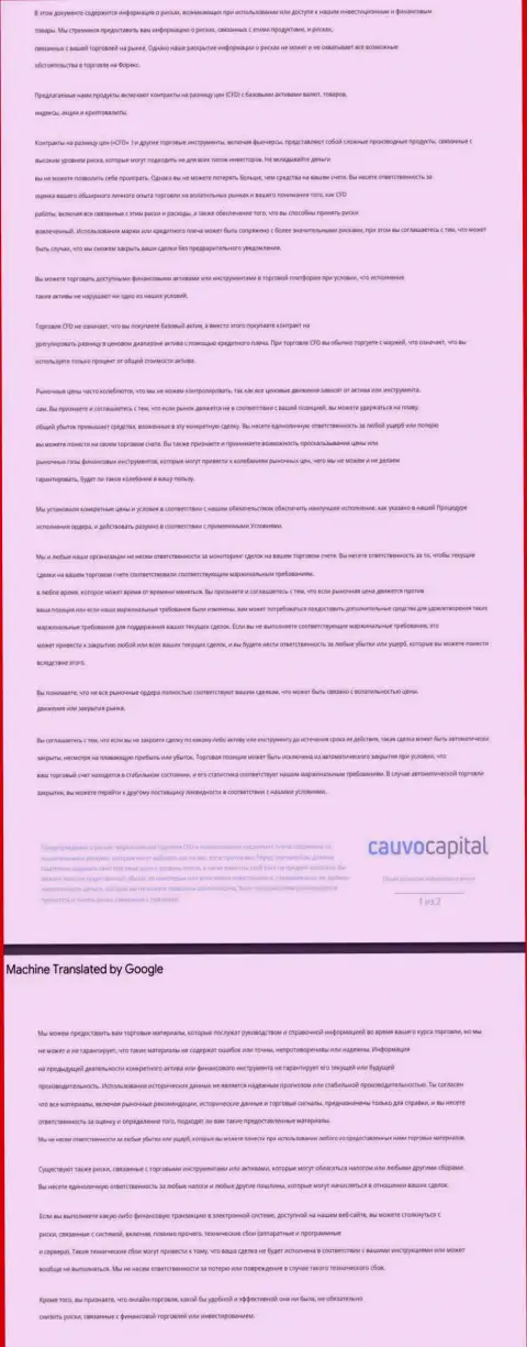 Документ уведомления о рисках forex-дилера CauvoCapital