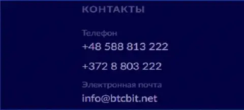 Телефон и Е-майл онлайн-обменки БТЦБит